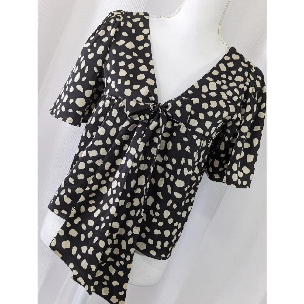 LOFT! BLACK, TAN SATINY PUFF SLEEVE, BOW BACK SPECKLED TOP, BLOUSE, SHIRT! SZ XS